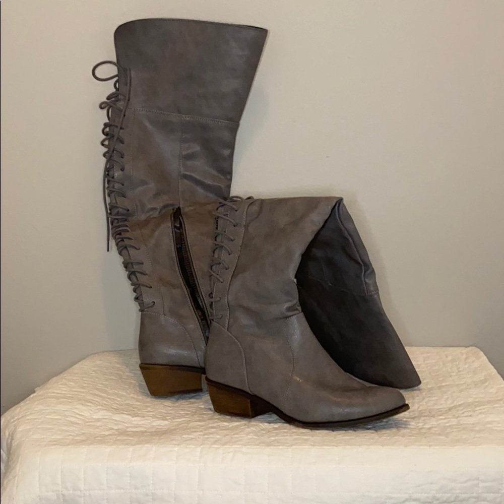 Knee high grey leather boots